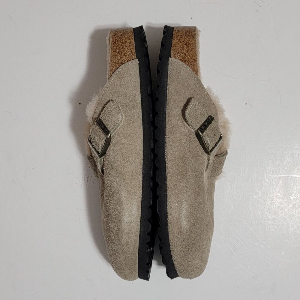 NEW Birkenstock Boston Shearling Mules Womens 38 7 7.5 Taupe Suede Cozy Comfort - Picture 6 of 9